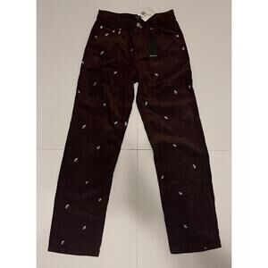 Forever 21 XS Brown Corduroy Pants Embroidered Leaf Print Straight Leg NWT